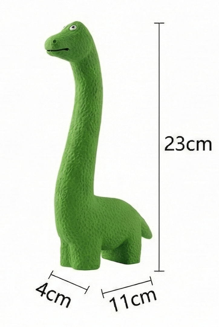 Jouet pour chien en forme de dinosaure vert au long cou (type diplodocus). Les dimensions affichées sont de 23 cm de hauteur, 11 cm de longueur totale et 4 cm de largeur.