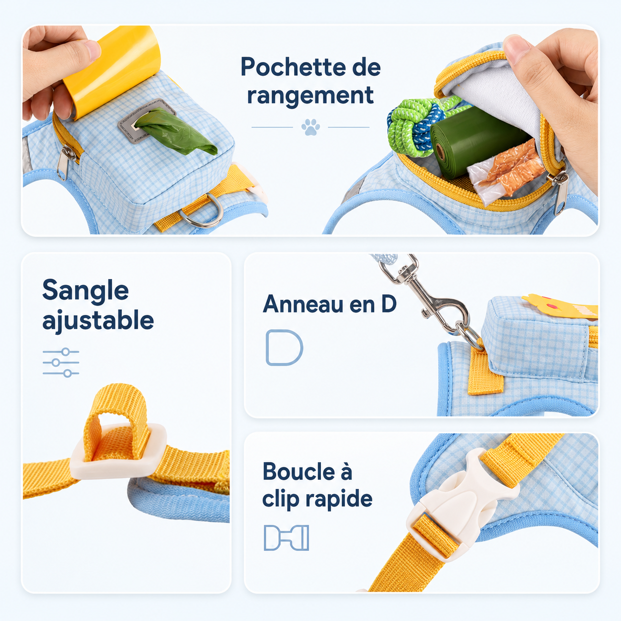 Harnais pour chien Hachimi avec pochette de rangement intégrée, sangle ajustable, anneau en D pour laisse et boucle à clip rapide.