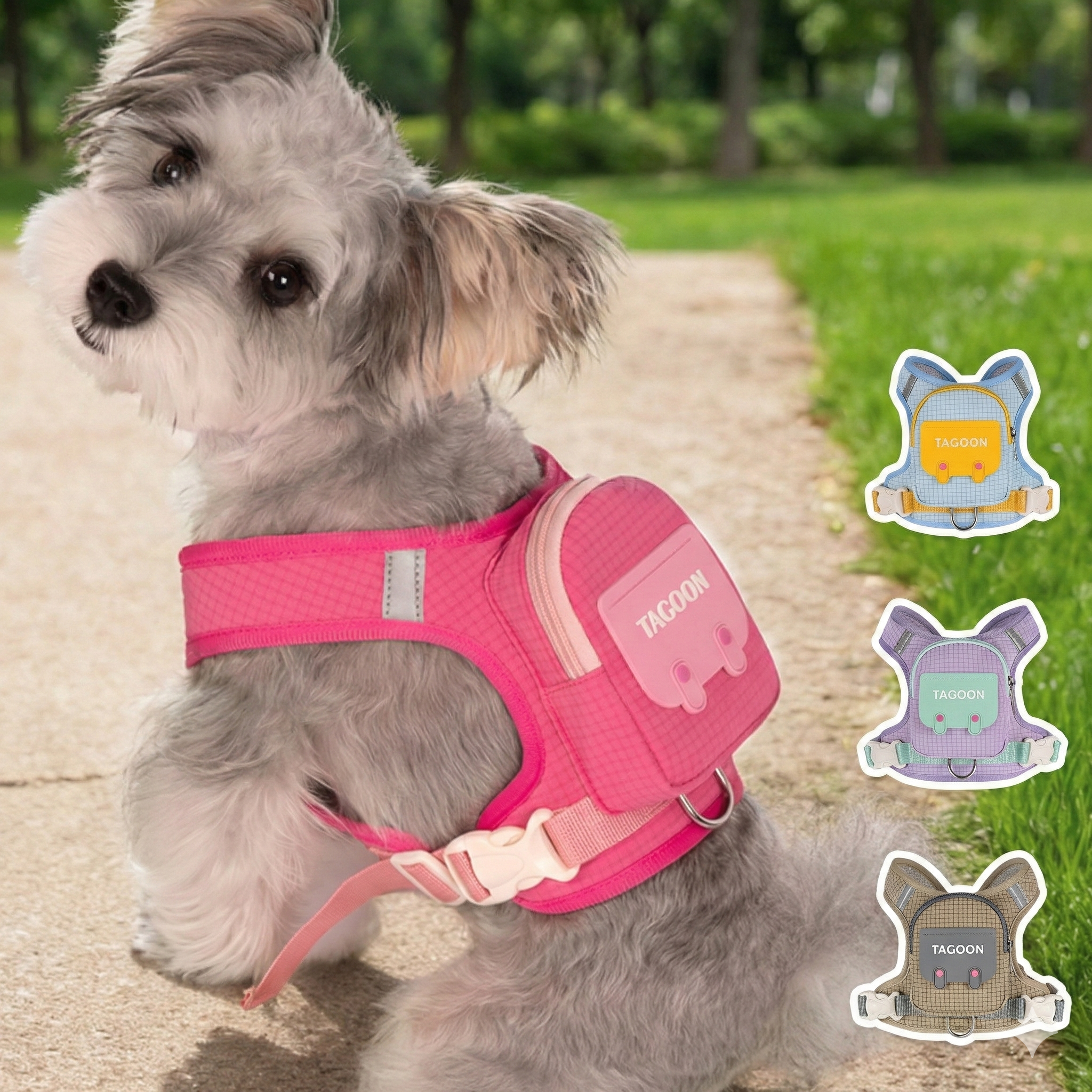 Petit chien gris portant le harnais sac à dos en version rose lors d'une promenade. En médaillon sur le côté, les variantes coloris bleu, violet et beige sont affichées.