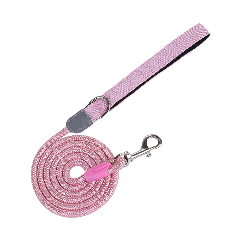 Laisse pour chien en corde rose tressée avec finitions soignées, anneau en D près de la poignée et mousqueton de sécurité.
