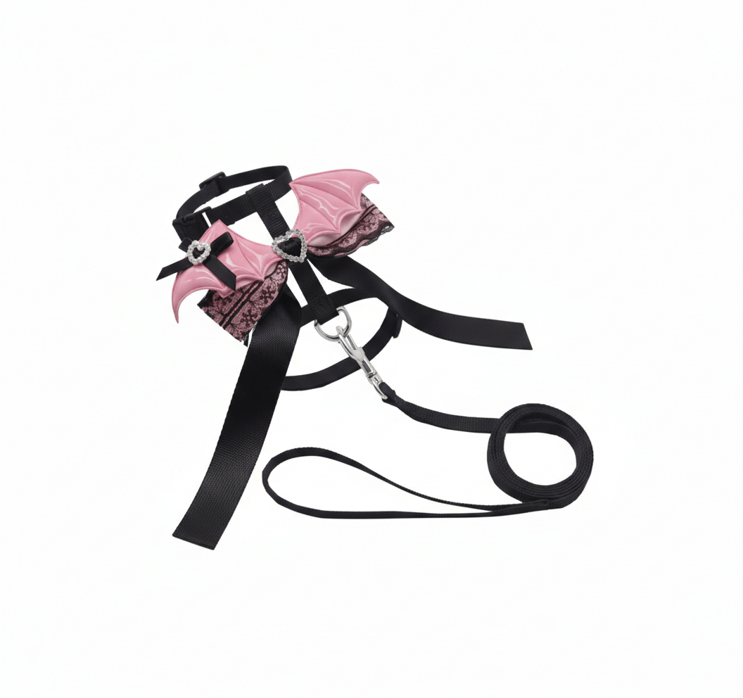 Harnais pour Petit Chien et Chat - Design Ailes de Chauve-souris Rose & Dentelle - Ensemble avec Laisse