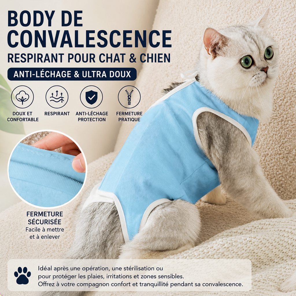 Body de Convalescence Respirant pour Chat & Chien – Anti-Léchage