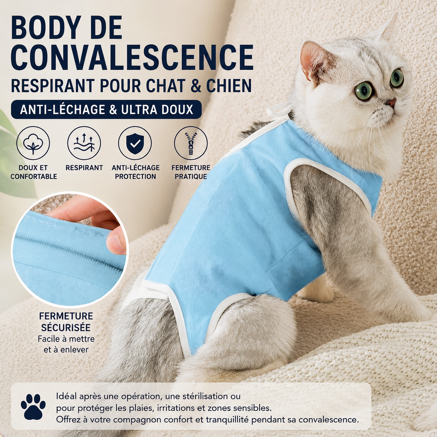 Body de Convalescence Respirant pour Chat & Chien – Anti-Léchage