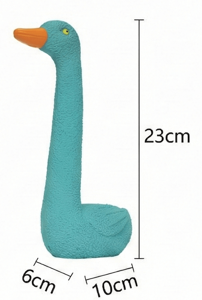 Jouet pour chien en forme d'oie cyan (bleu clair) avec un bec orange. Les dimensions indiquées sont de 23 cm de hauteur, 10 cm de longueur et 6 cm de largeur.