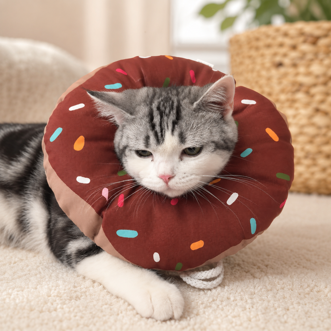 Chat blanc portant une collerette donut couleur chocolat anti-léchage