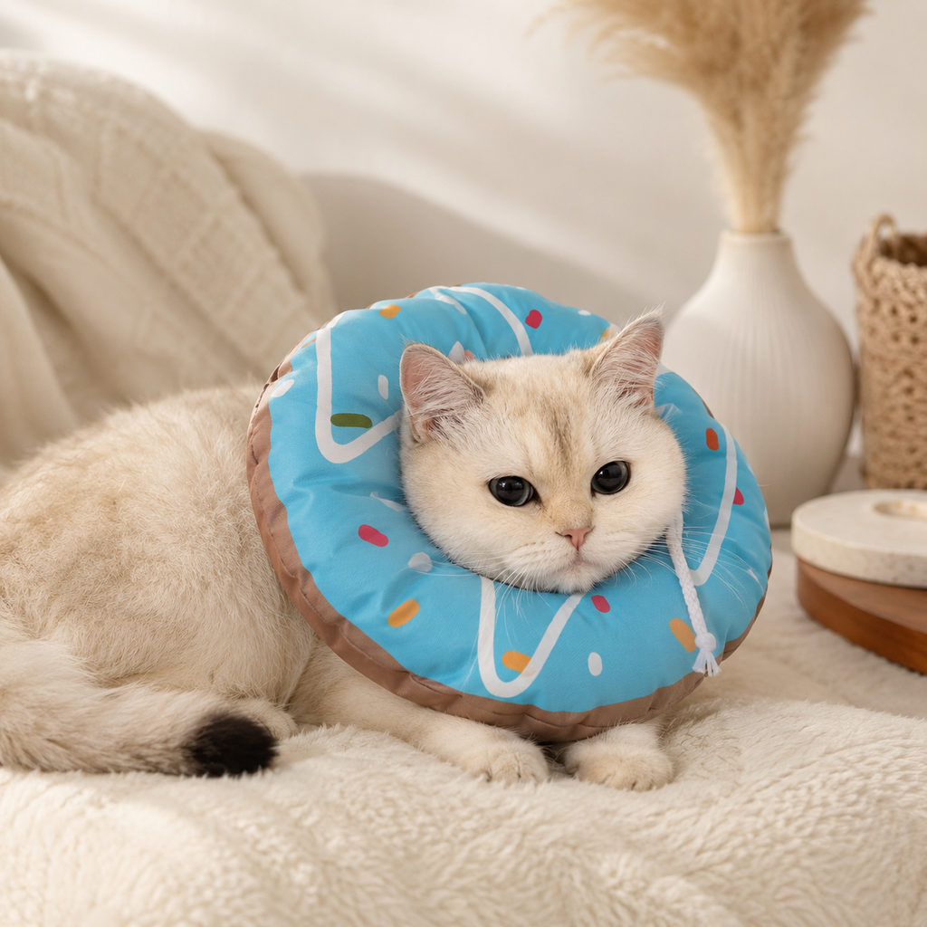 Chat portant une collerette donut bleue anti-léchage