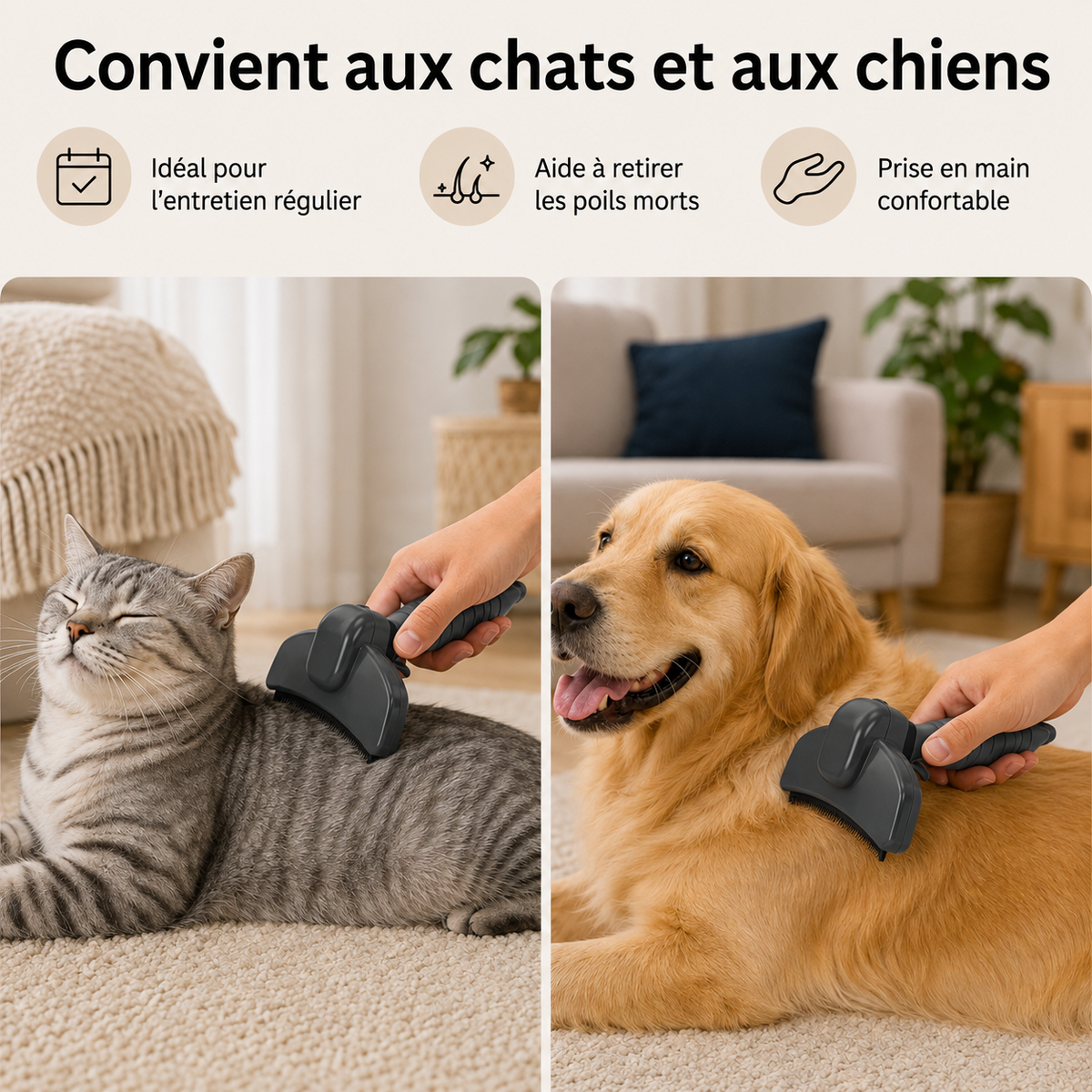 Brosse de toilettage Hachimi utilisée sur un chat et un chien
