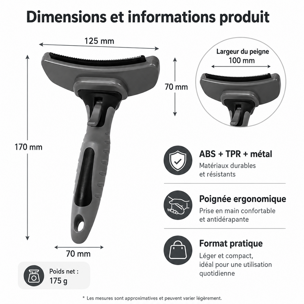 Dimensions et caractéristiques de la brosse de toilettage Hachimi pour chat et chien